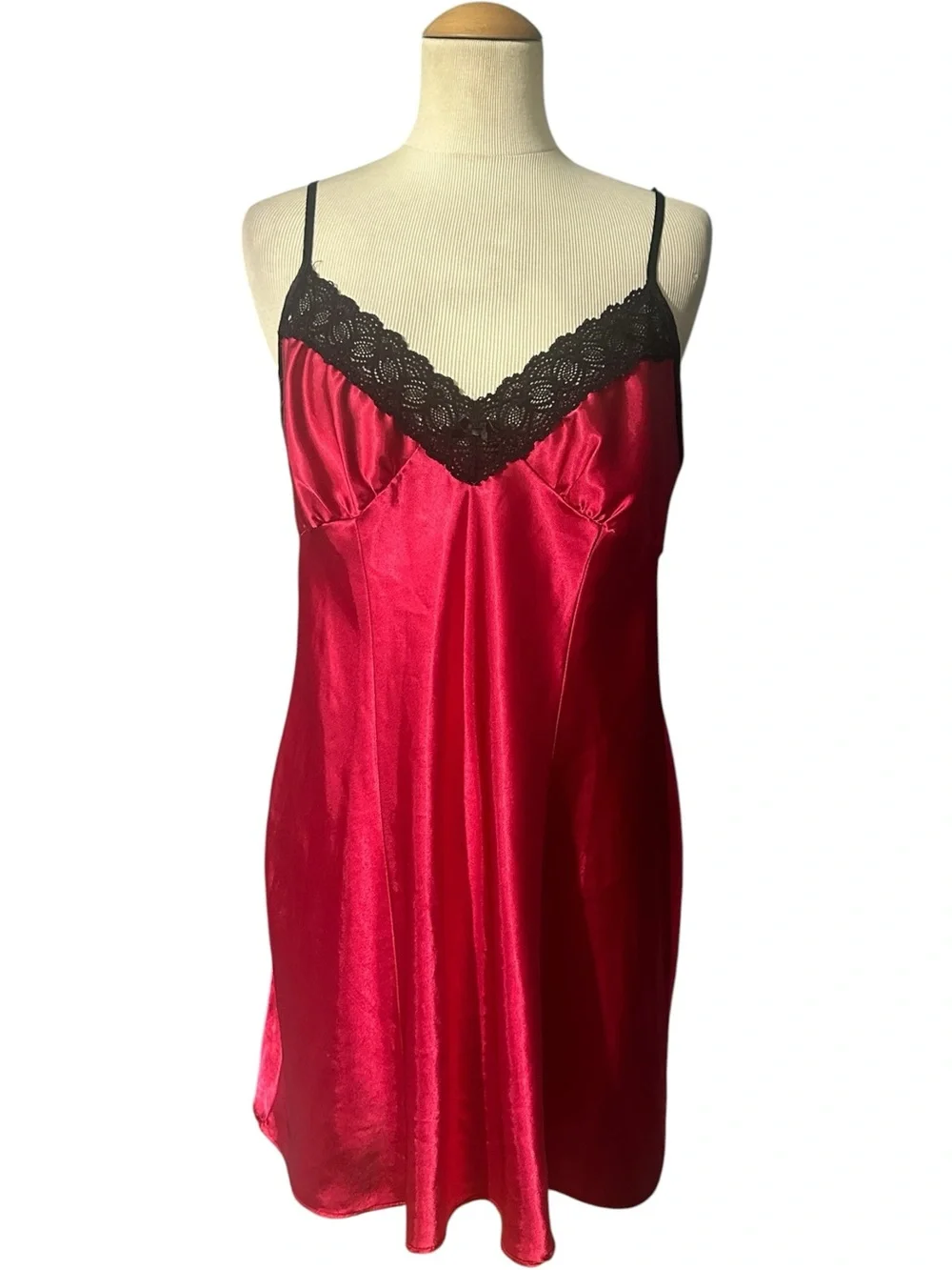 Linea Donatella Satin Lace-Trim Slip Dress Red Black Size Medium